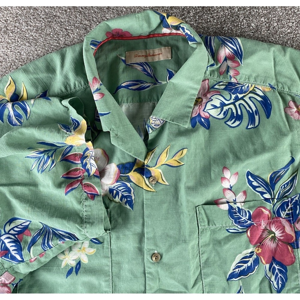 Tommy Bahama Loud Floral Hawaiian Shirt Green Colorful Men 2XL Silk/Cotton Beach